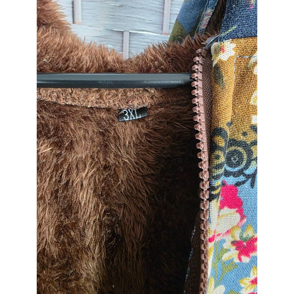 Boho Floral Patchwork Sherpa Fleece Lined Zip Up Hooded Jacket Plus Size 3XL - Picture 4 of 4